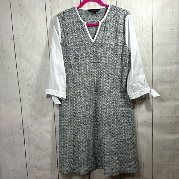 Ming Wang Tweed Knit Shift Dress with White Sleeves Size L Classic Workwear - Picture 5 of 16
